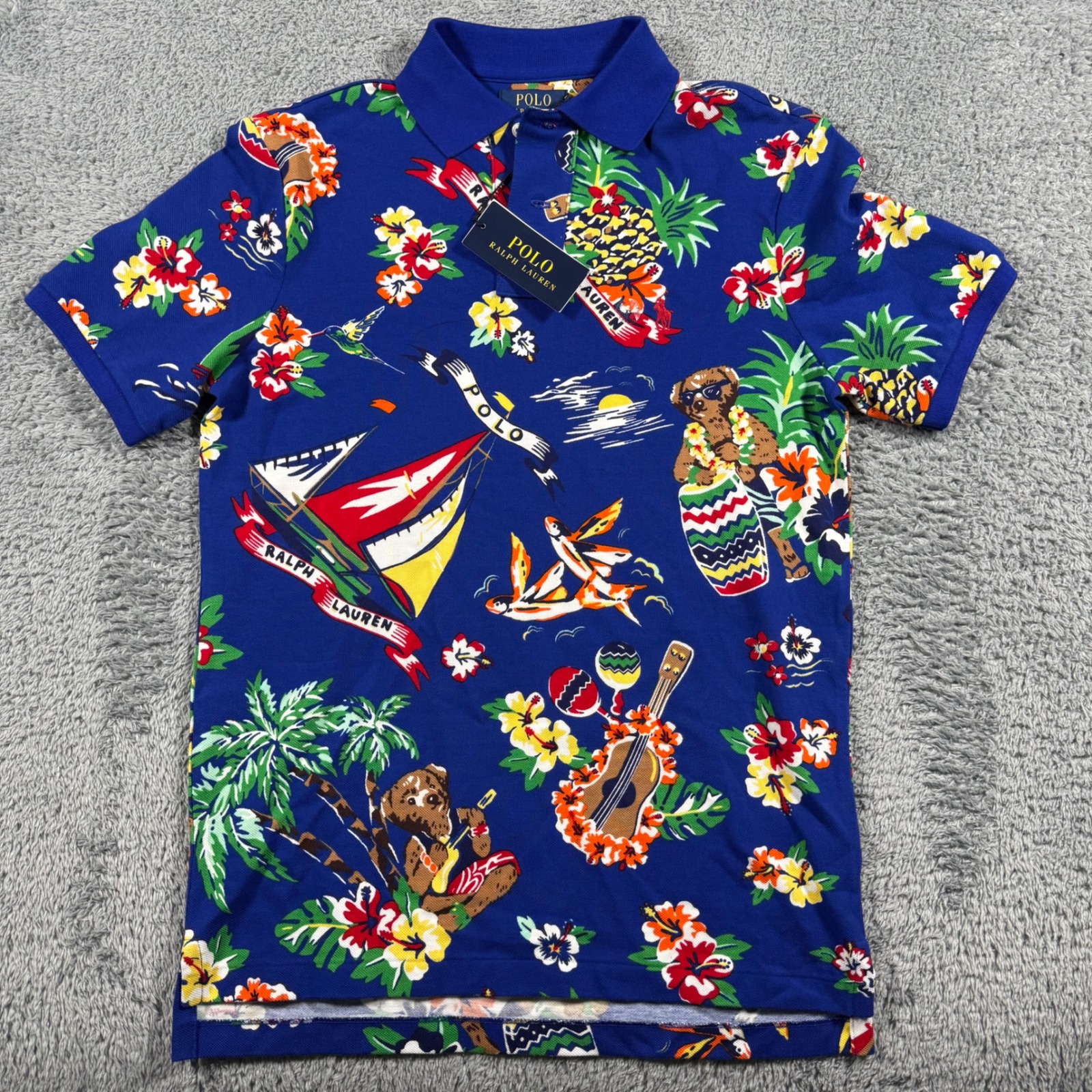Nwt Polo Ralph Lauren Mens Xs Polo Bear Tropical Hawaiian Print Mesh Shirt Blue